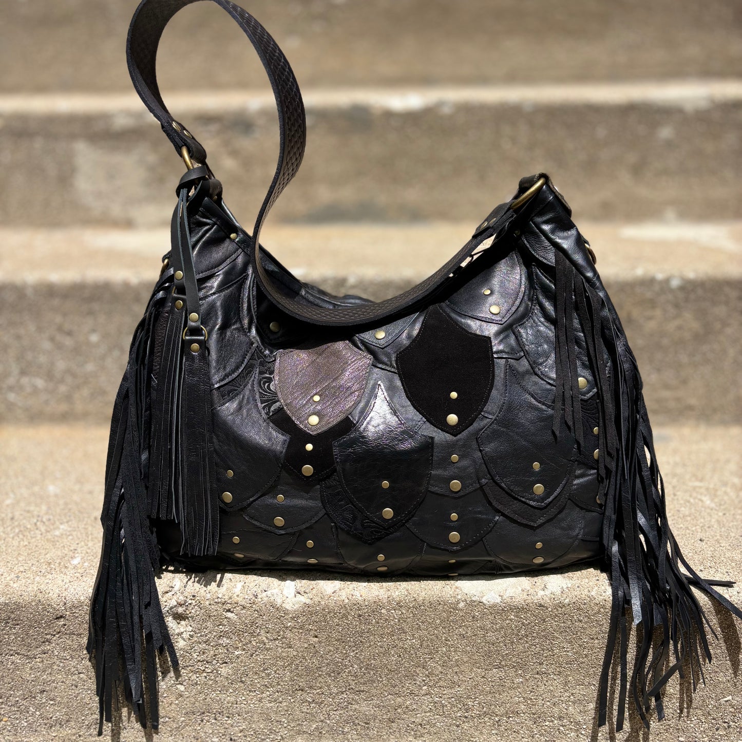 Reclaimed Leather Fishscale Ziptop Bag