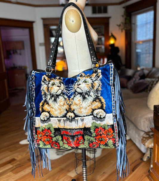 XL Vintage Velvet Tan Cats Bag
