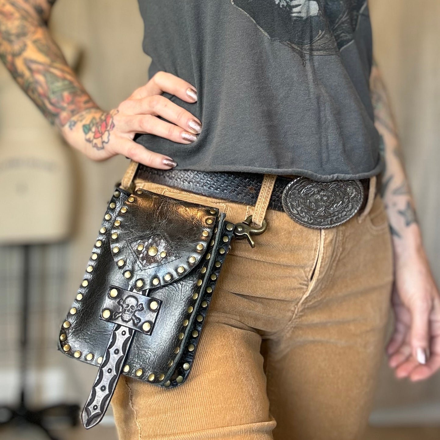 Black Leather Crossbody/Waist Bag with Snakeskin