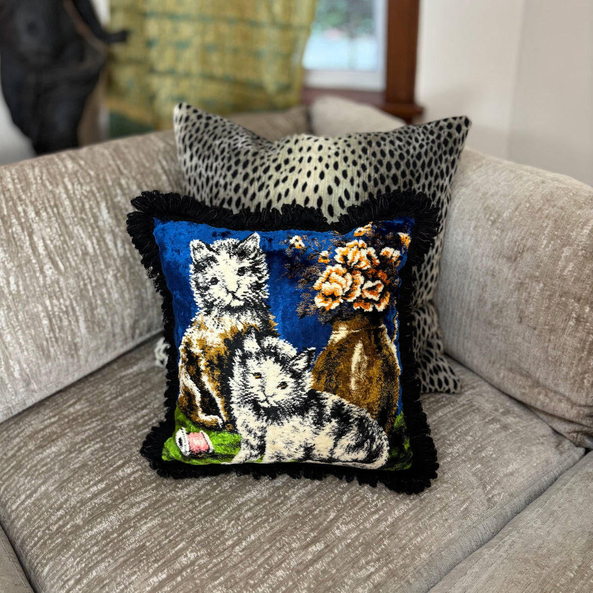 Vintage Velvet Blue Kitten Pillow
