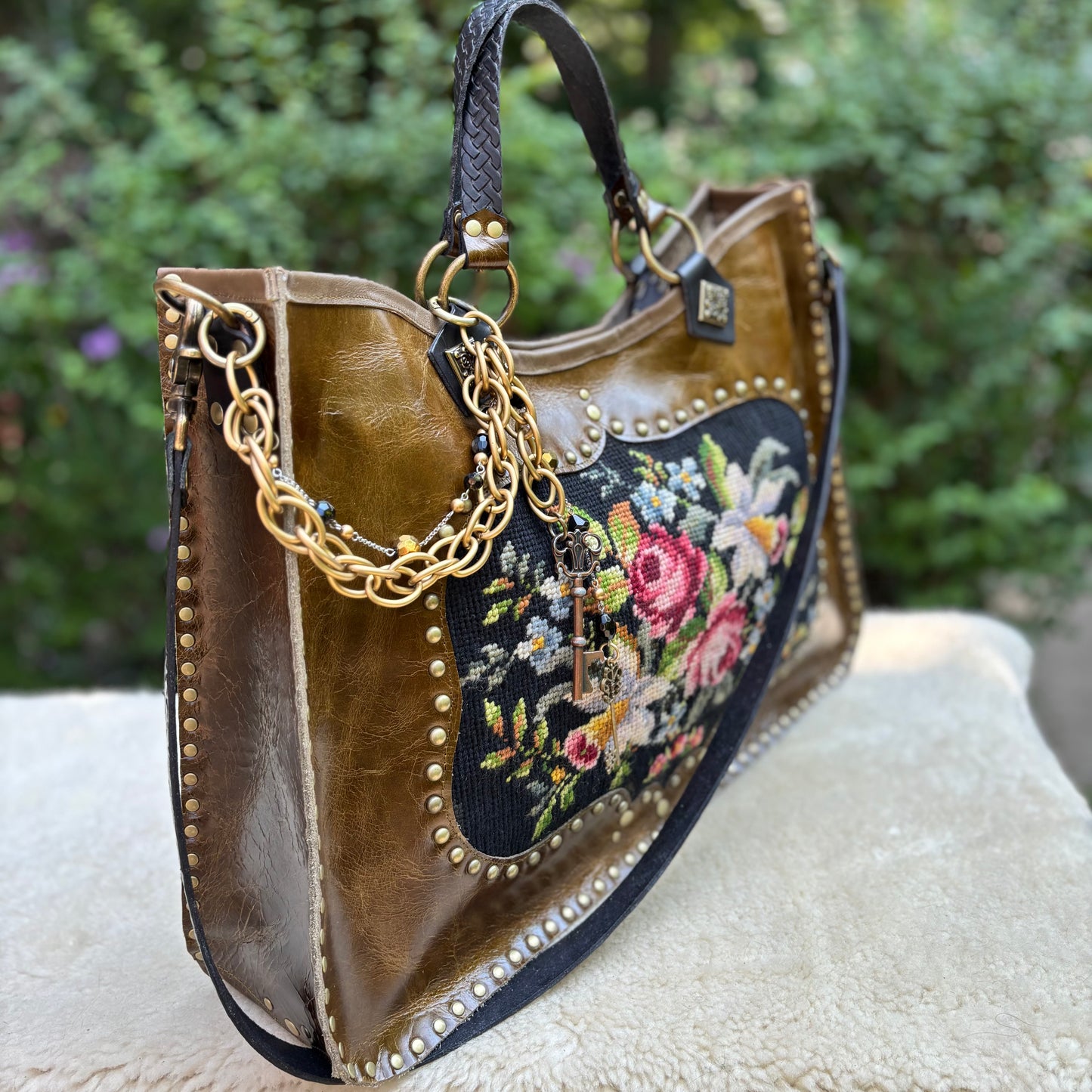 Olive Leather Bouquet Needlepoint Heirloom Bag