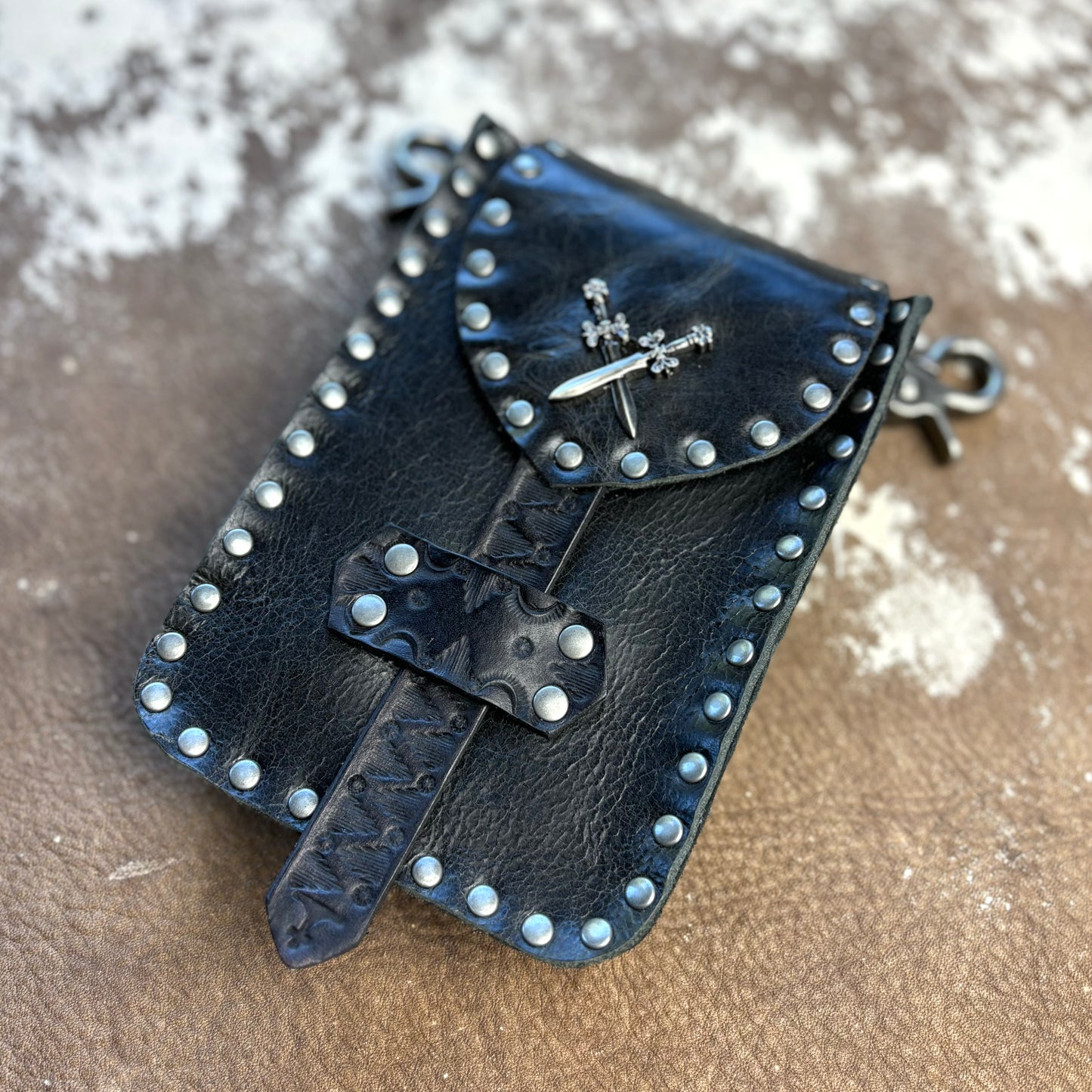 Black Leather Crossbody/Waist Bag with Crossed Swords