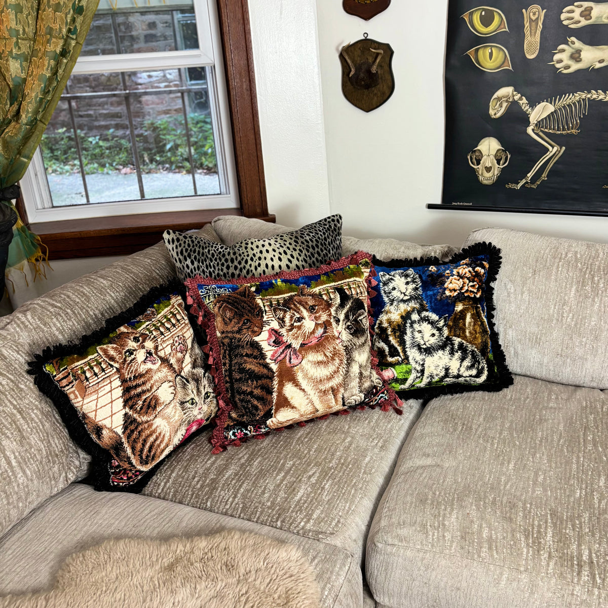 Vintage Velvet Blue Kitten Pillow