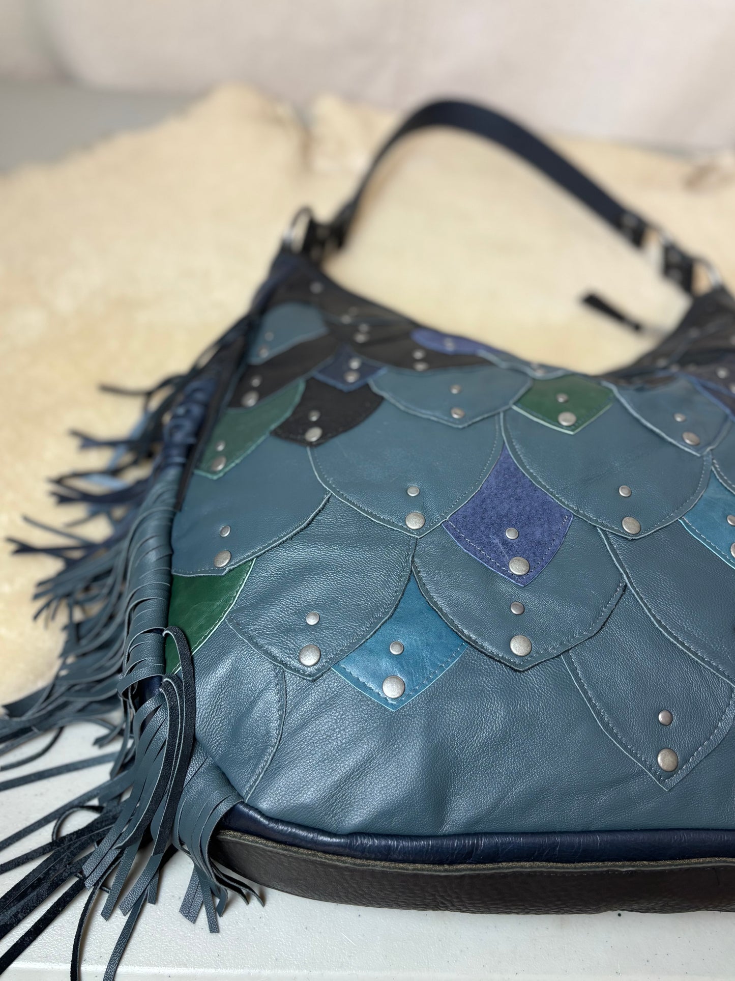 Steel Blue Reclaimed Leather Fish Scale Bag