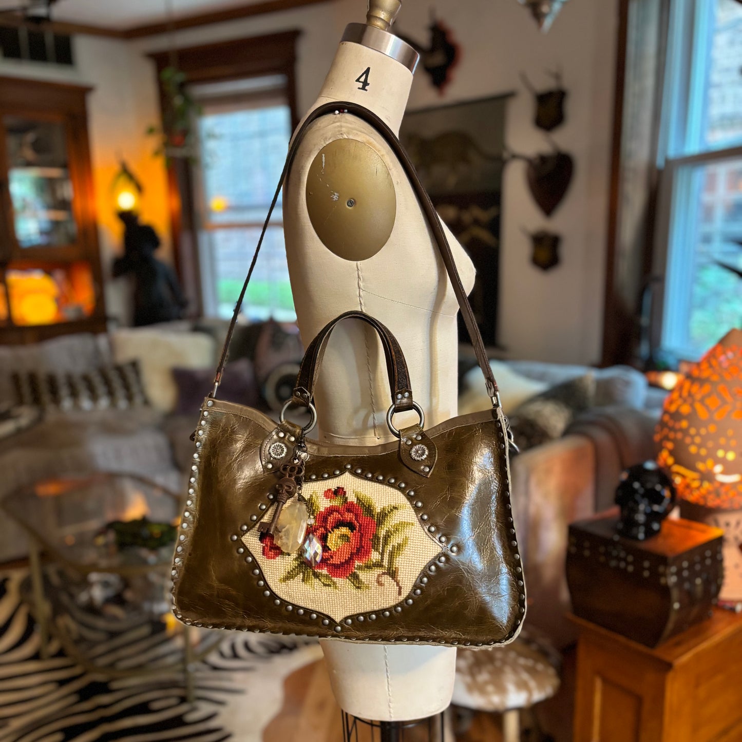 Needlepoint Poppy Heirloom Bag in Dark Olive