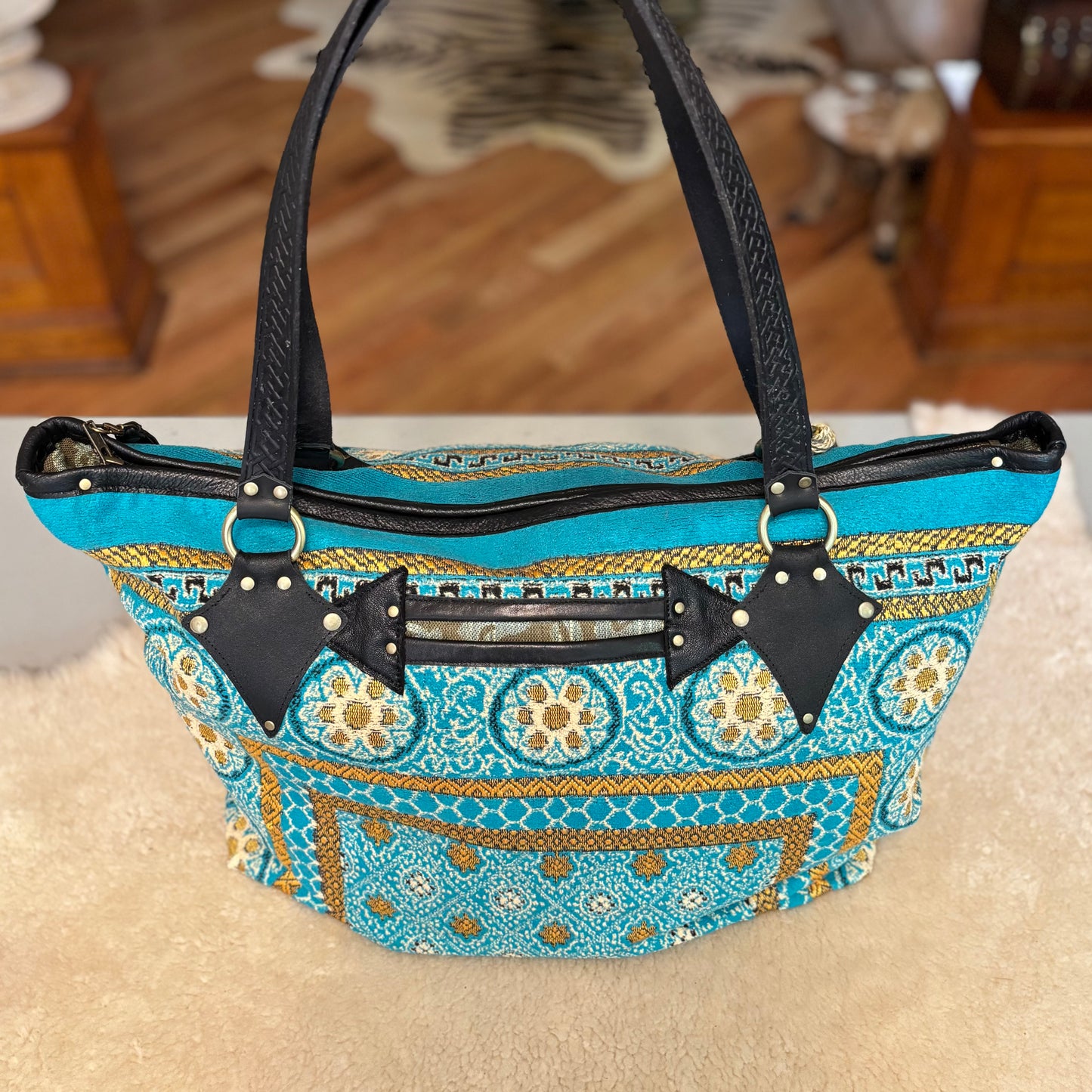 Turquoise Reclaimed Prayer Rug Bag