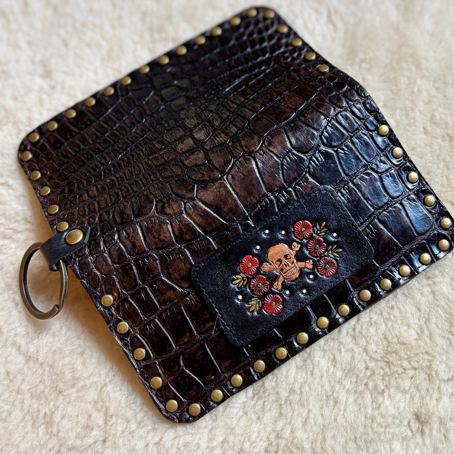 Skull and Roses Medium Croc Wallet