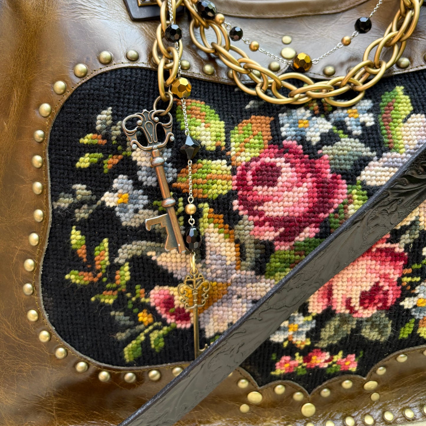 Olive Leather Bouquet Needlepoint Heirloom Bag