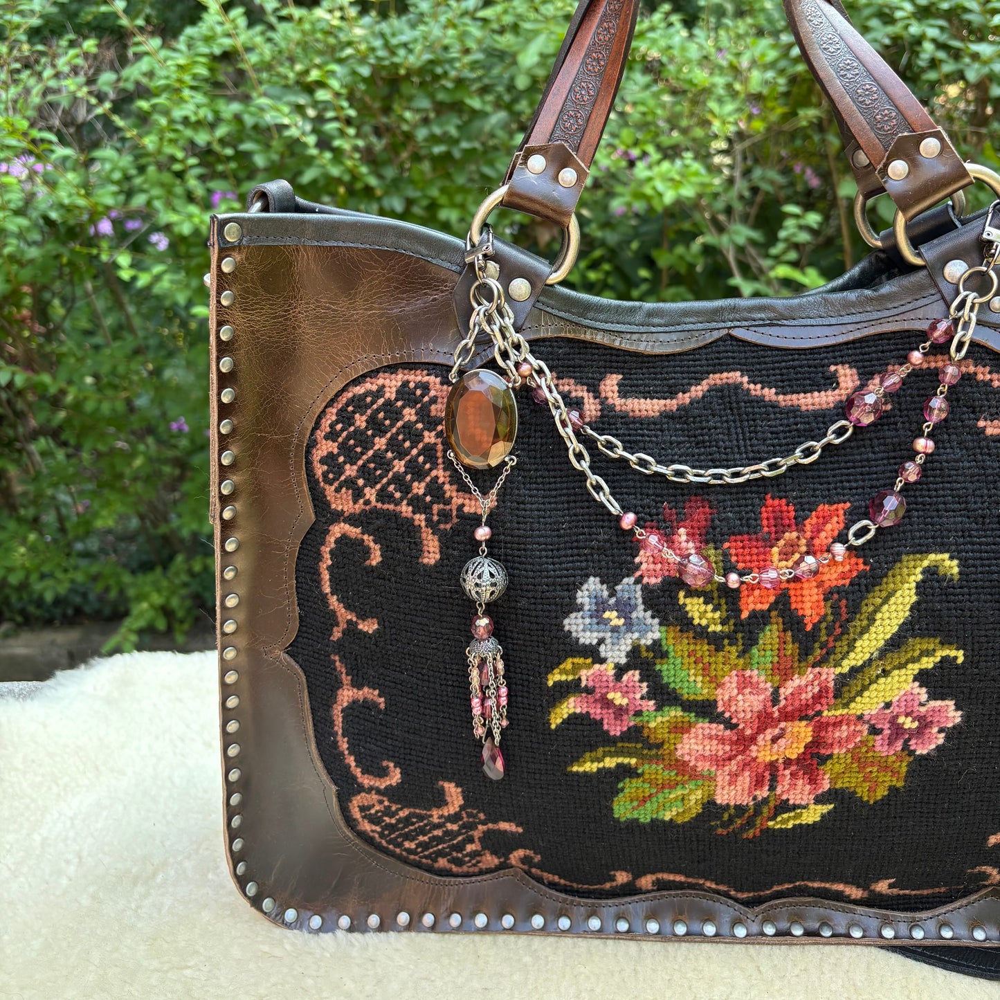 Floral Needlepoint Sable Leather Heirloom Bag