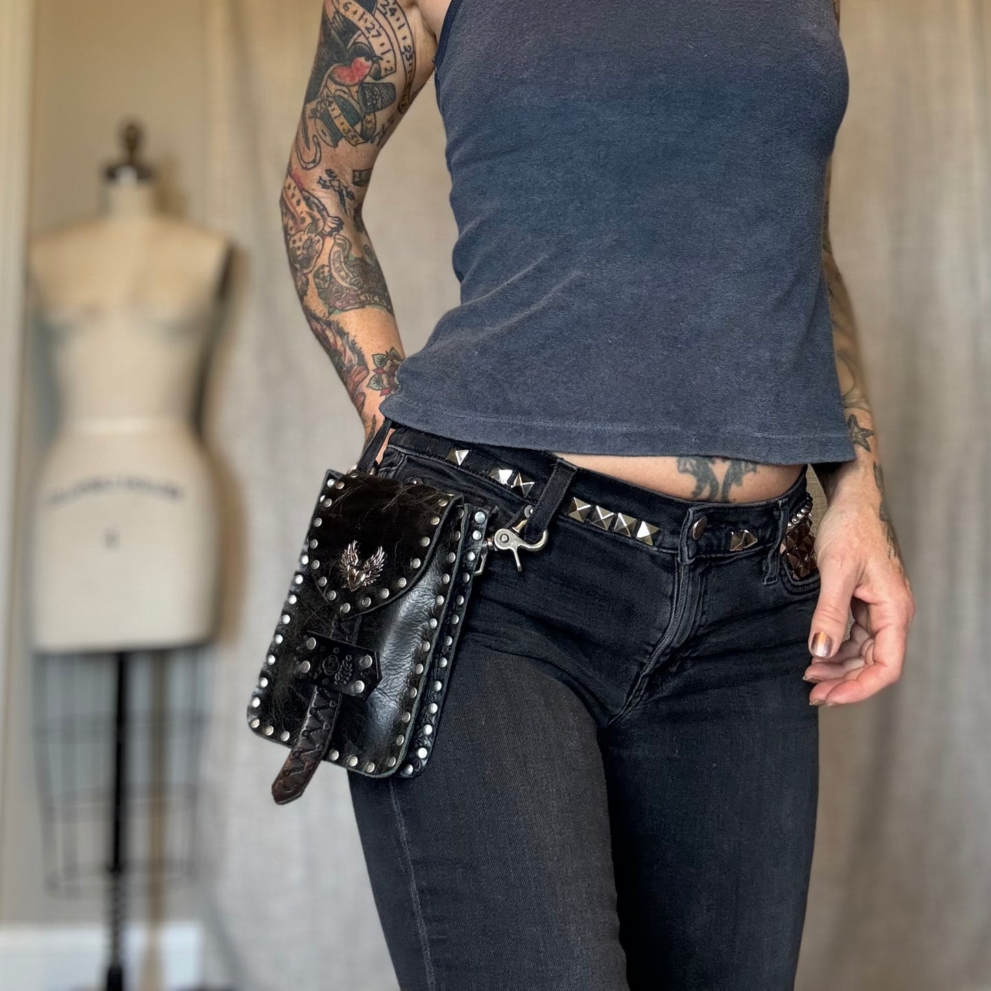 Black Leather Crossbody/Waistbag with Winged Heart