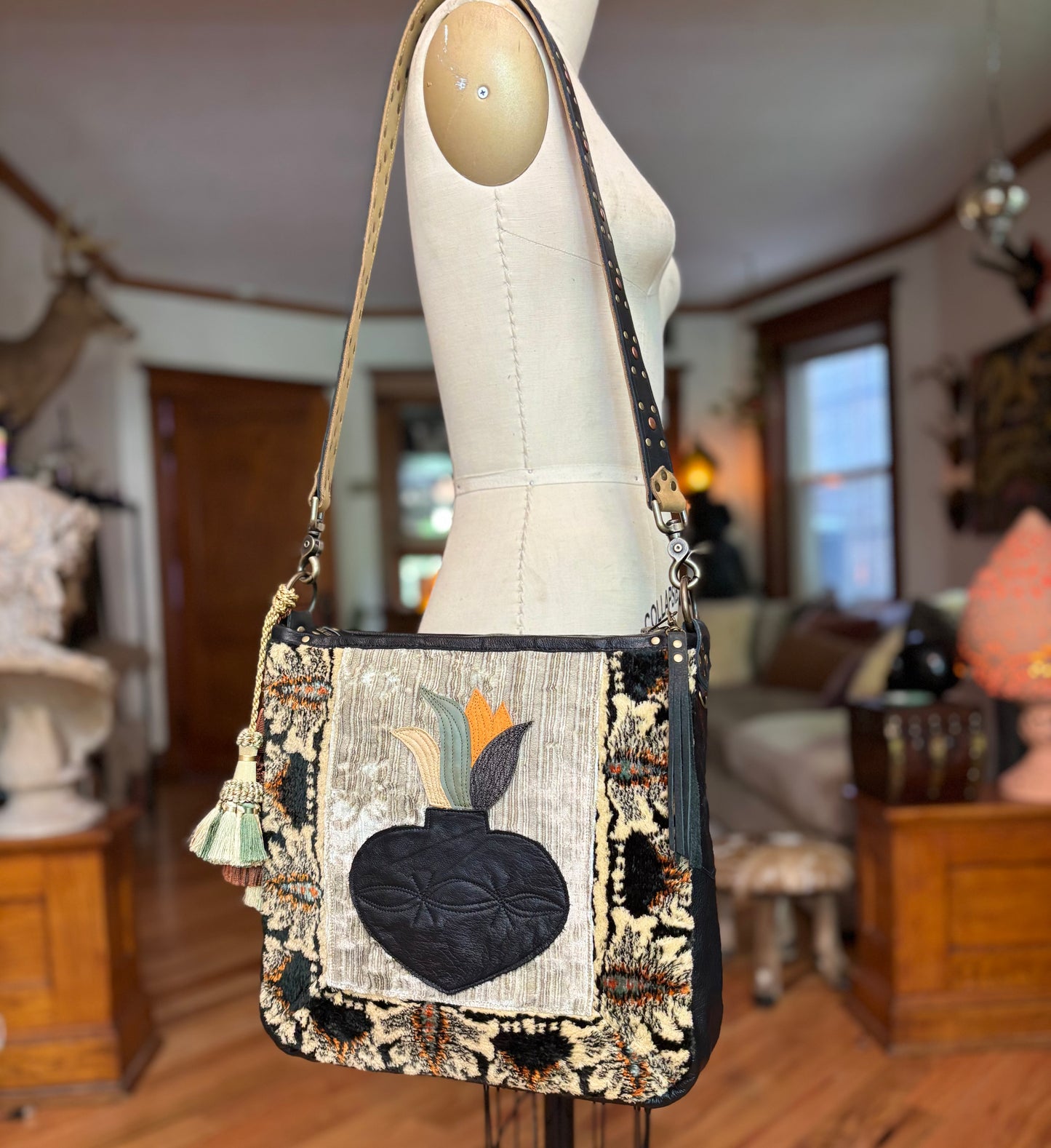 Vintage Velvet and Leather Bag with Sacred Heart