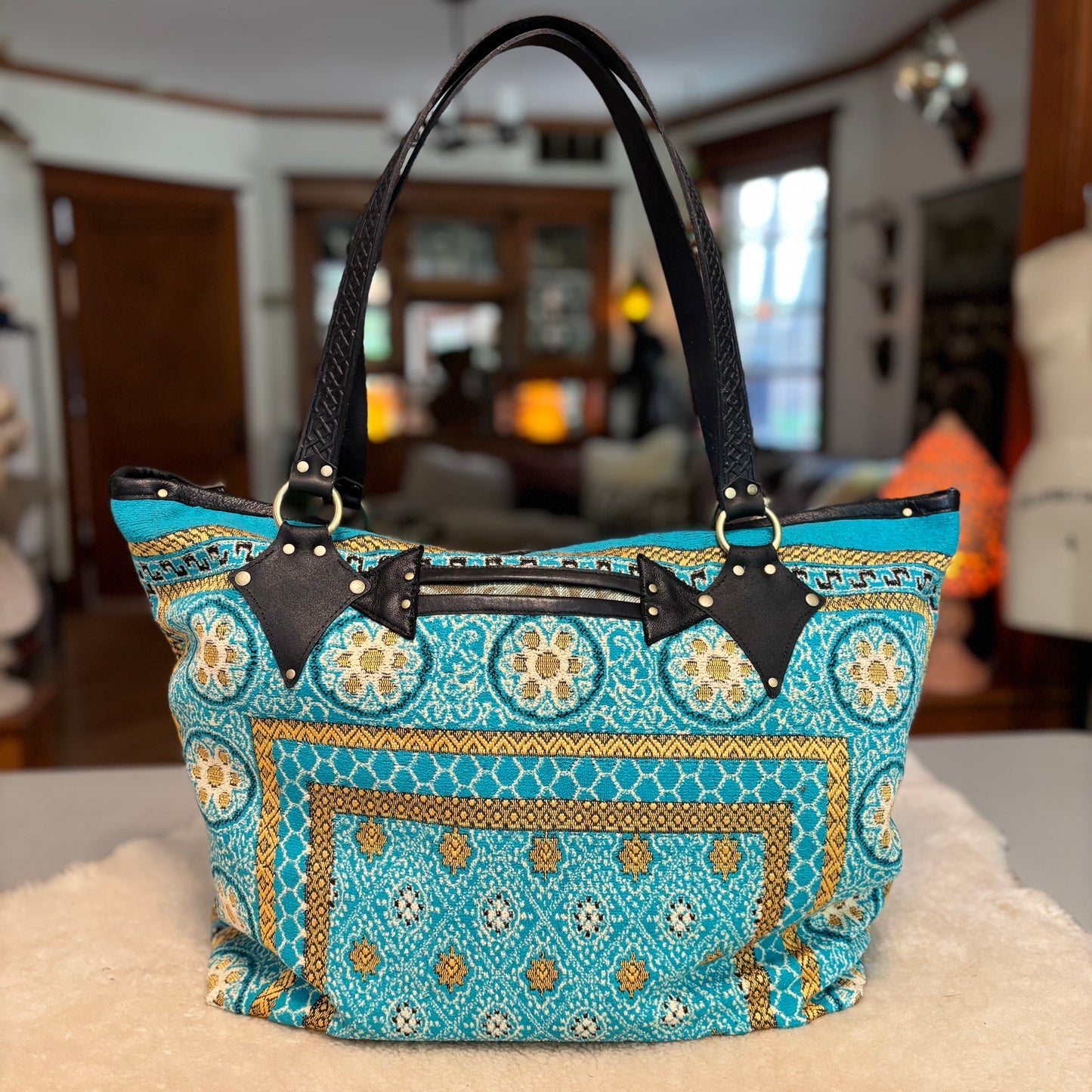 Turquoise Reclaimed Prayer Rug Bag