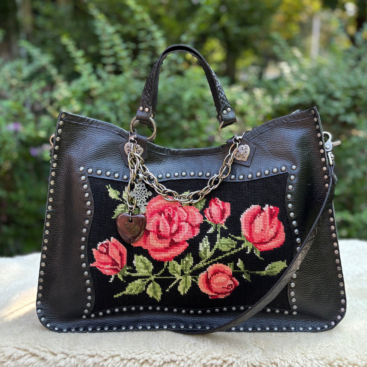 Needlepoint Rose Heirloom Bag in Black