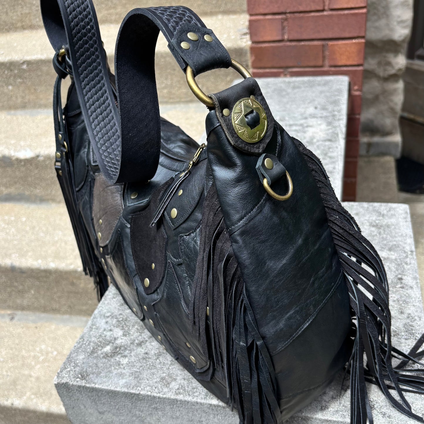 Reclaimed Leather Fishscale Ziptop Bag