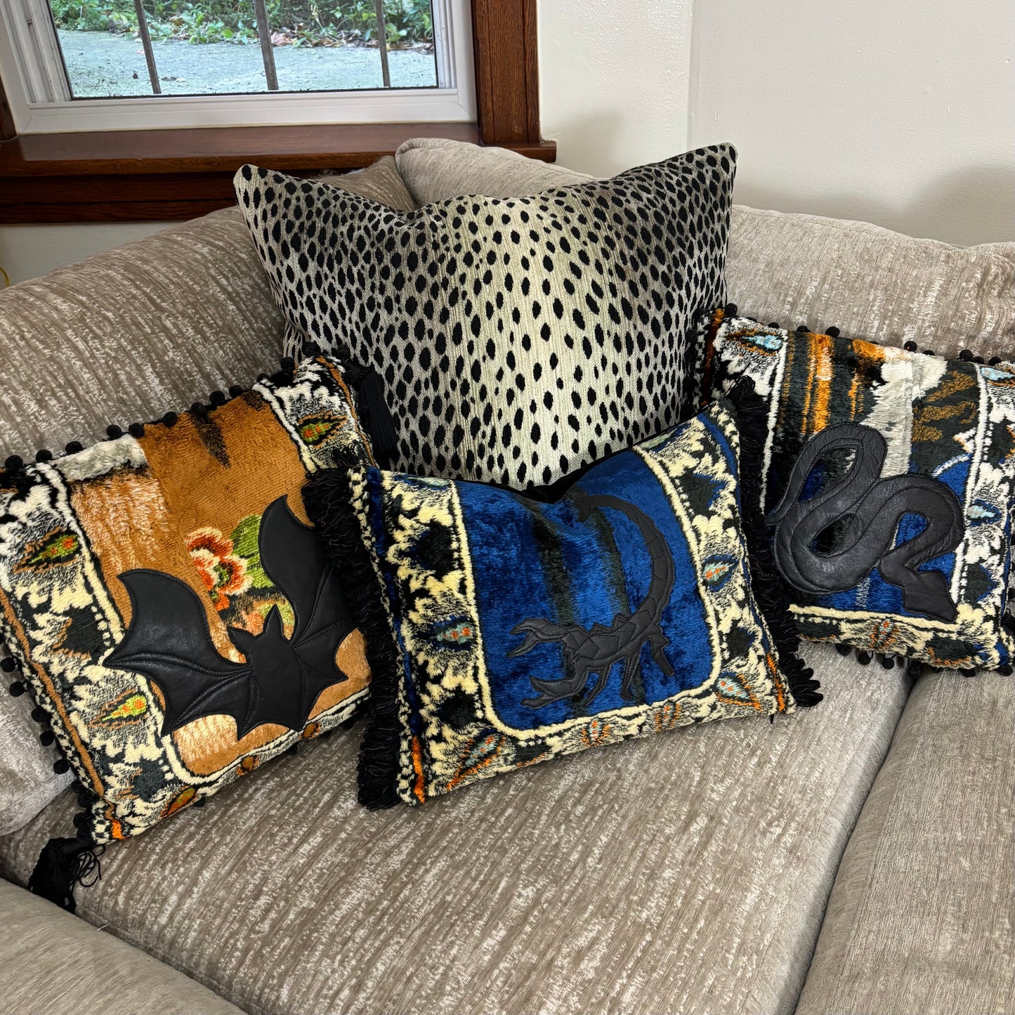 Vintage Velvet Tapestry Pillow with Leather Bat
