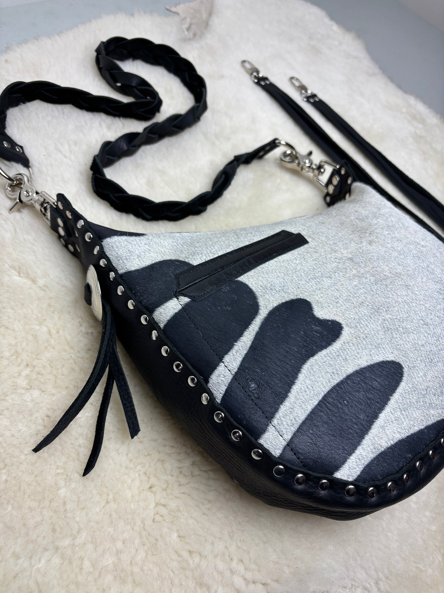 Zebra Crescent Bag with Conchos