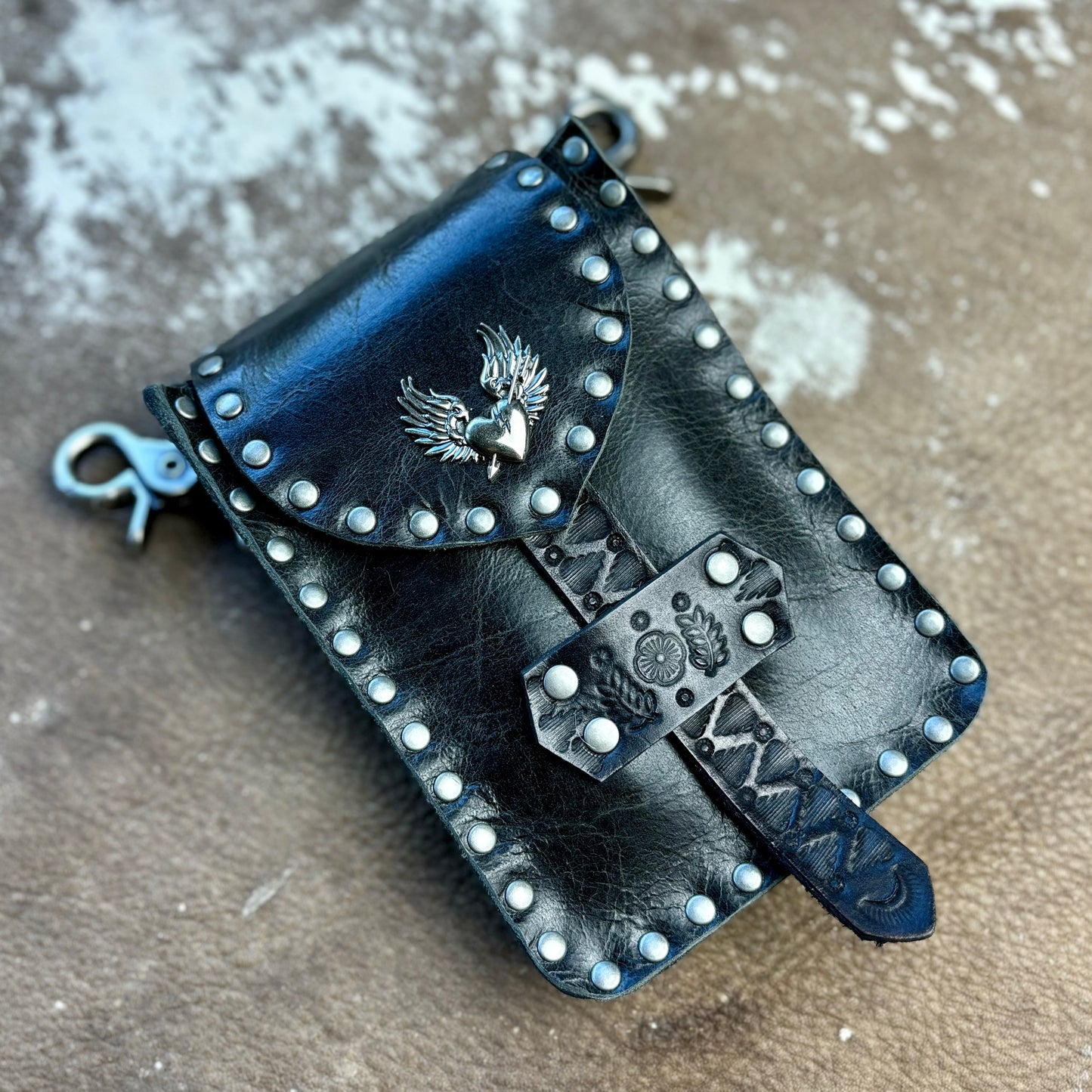 Black Leather Crossbody/Waistbag with Winged Heart