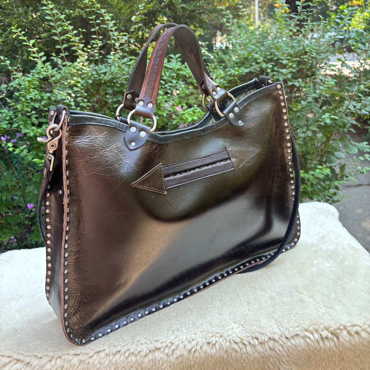 Floral Needlepoint Sable Leather Heirloom Bag