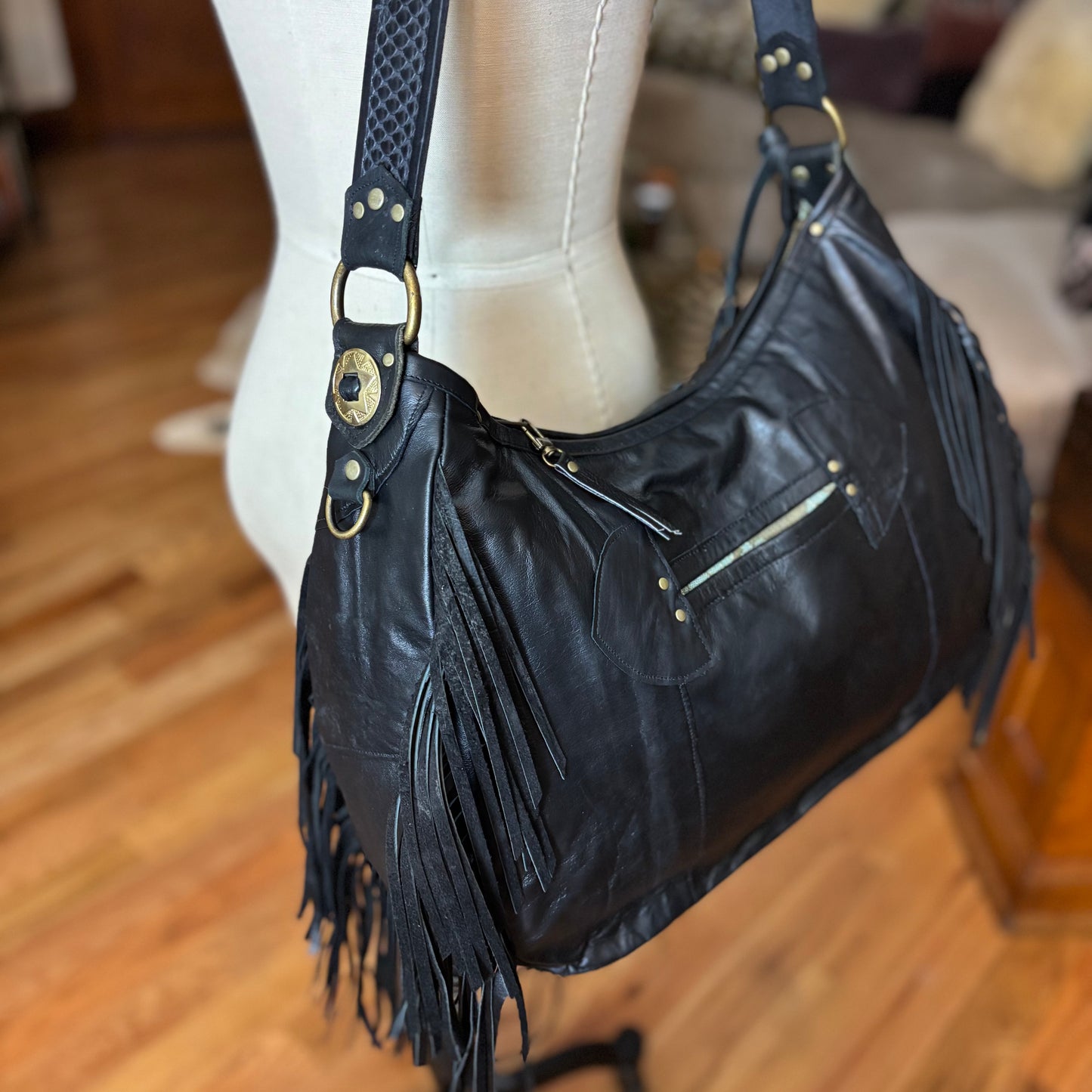 Reclaimed Leather Fishscale Ziptop Bag