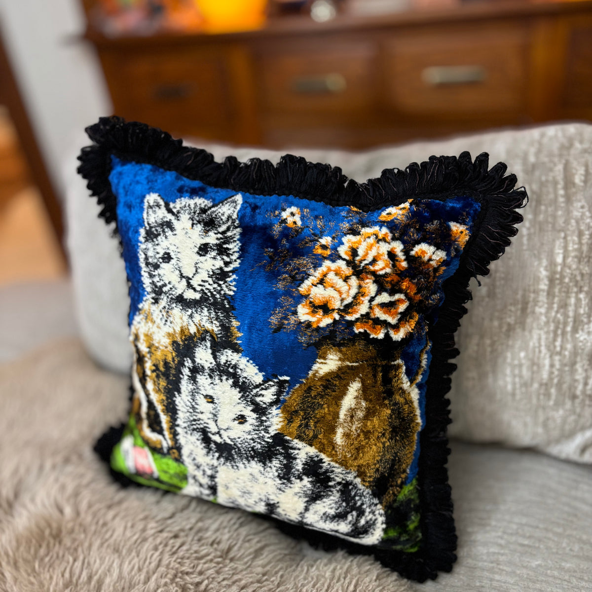 Vintage Velvet Blue Kitten Pillow