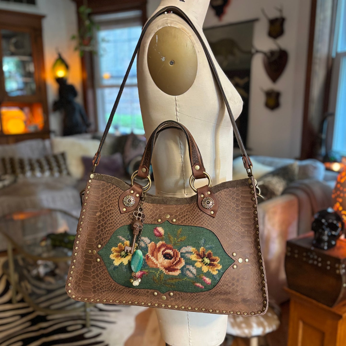 Brown and Green Needlepoint Heirloom Bag