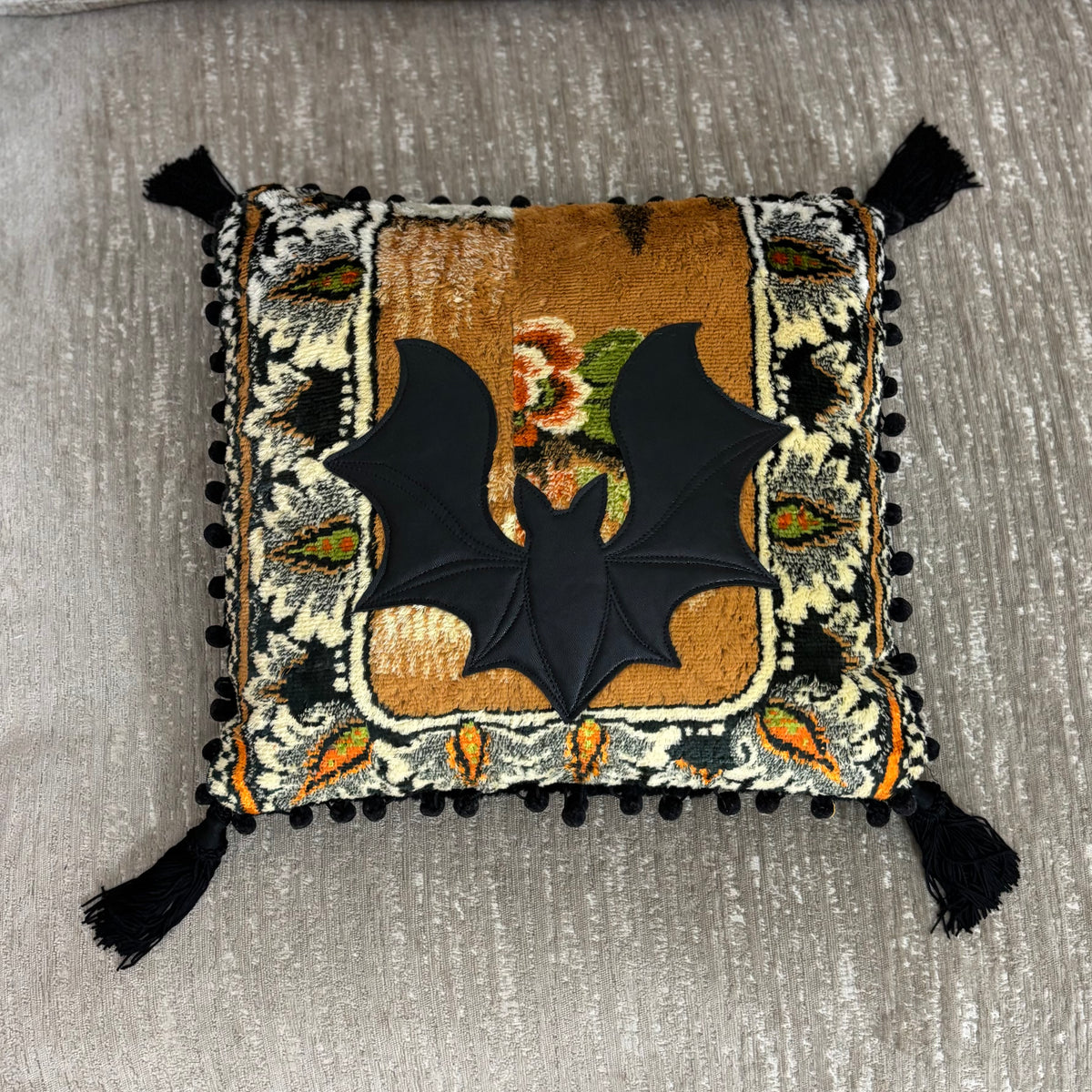Vintage Velvet Tapestry Pillow with Leather Bat