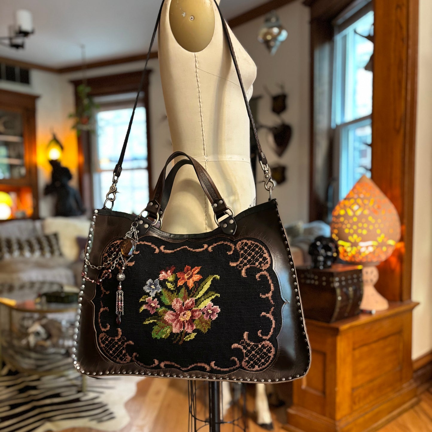 Floral Needlepoint Sable Leather Heirloom Bag