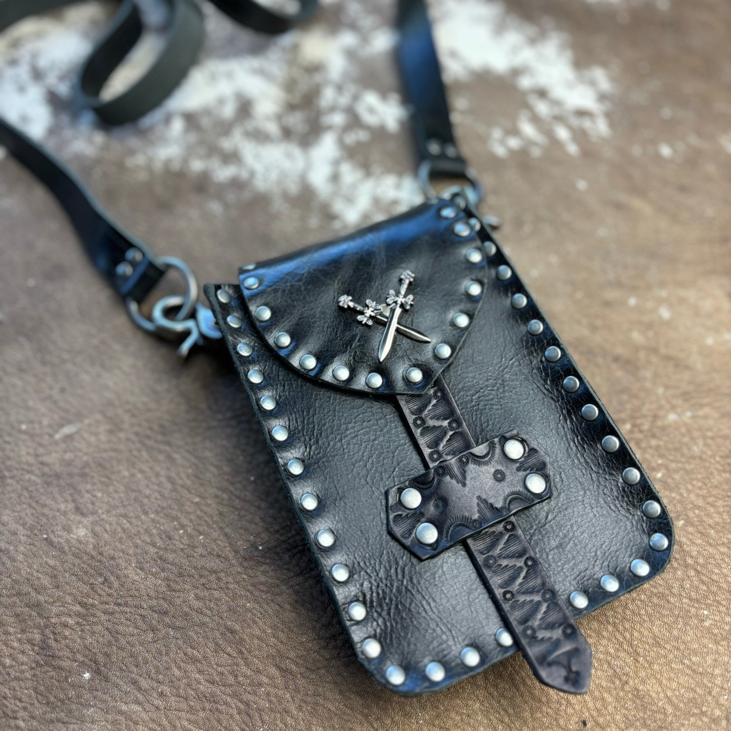 Black Leather Crossbody/Waist Bag with Crossed Swords