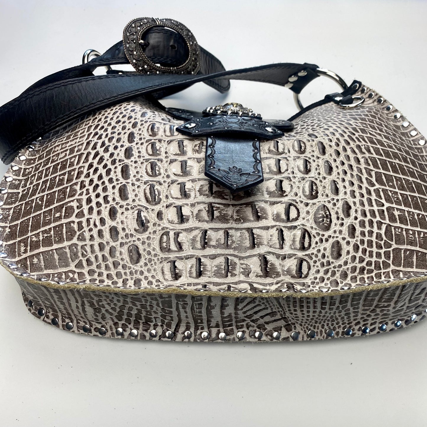 Taupe Croc Print Shoulder Bag with Western Concho