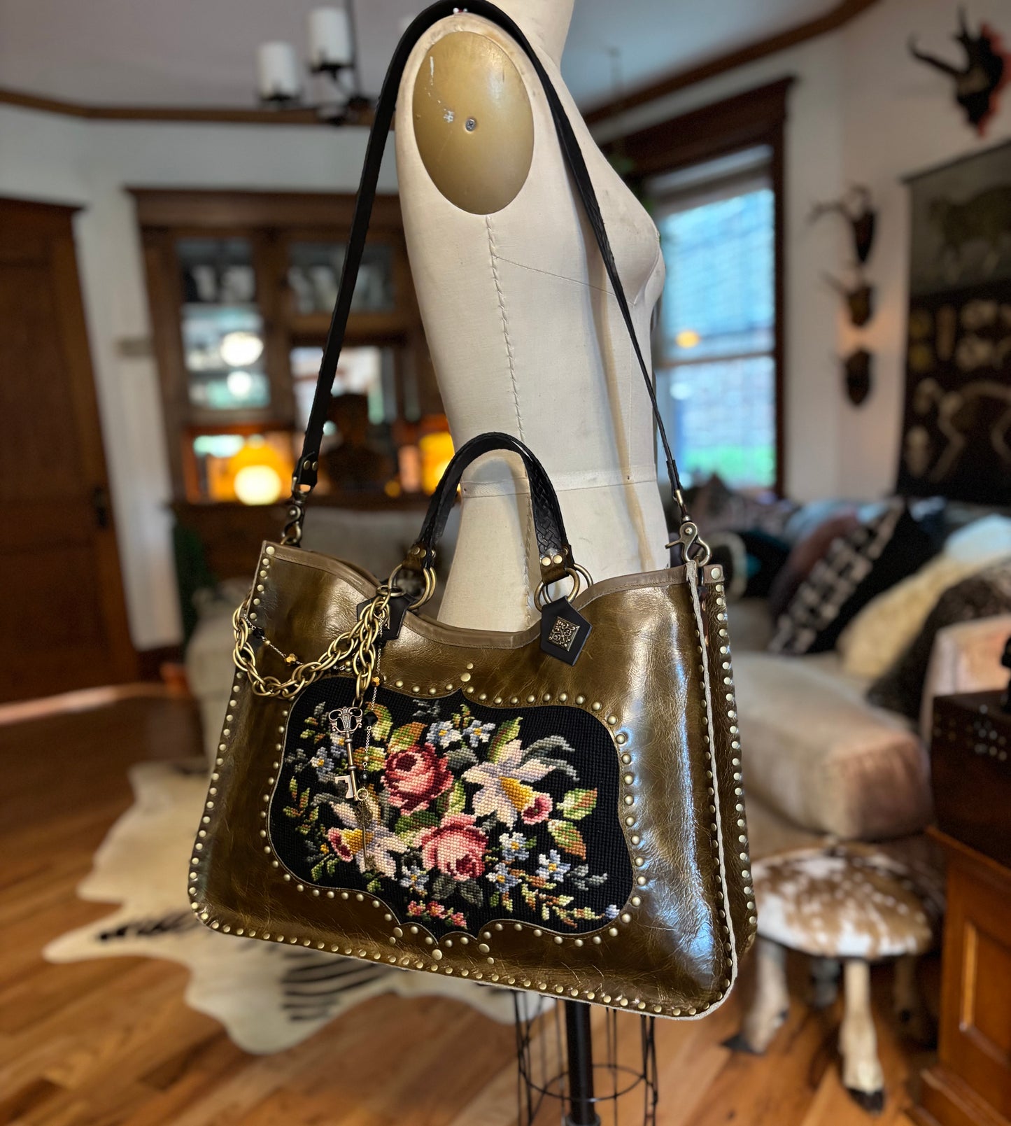 Olive Leather Bouquet Needlepoint Heirloom Bag
