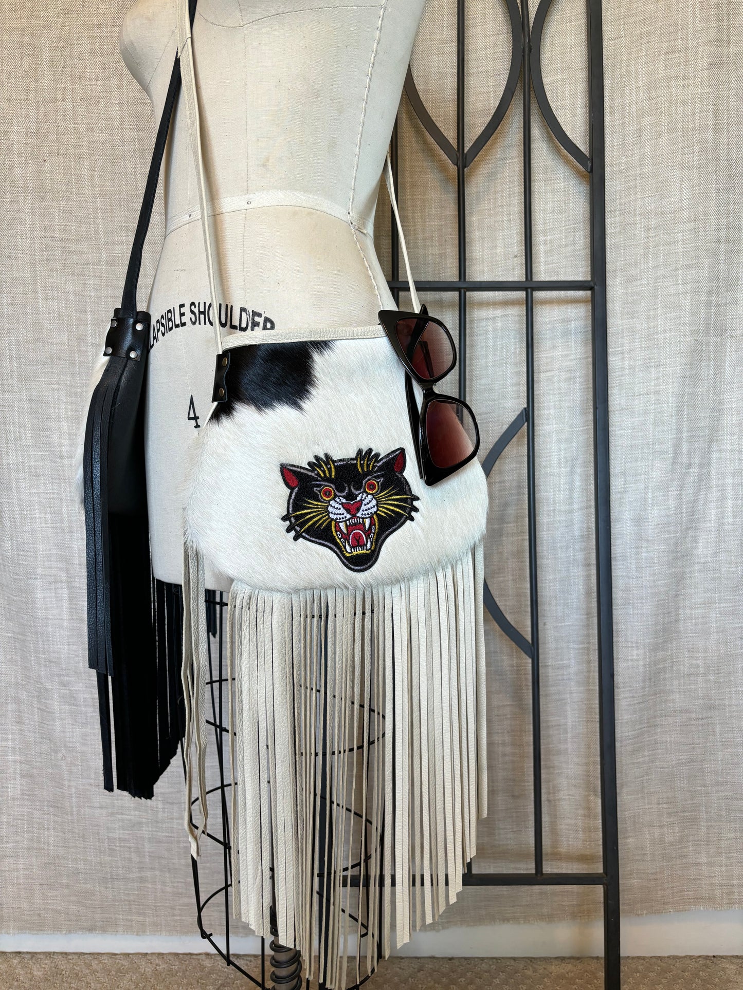 Ivory Cowhide Crossbody Panther Bag with Fringe