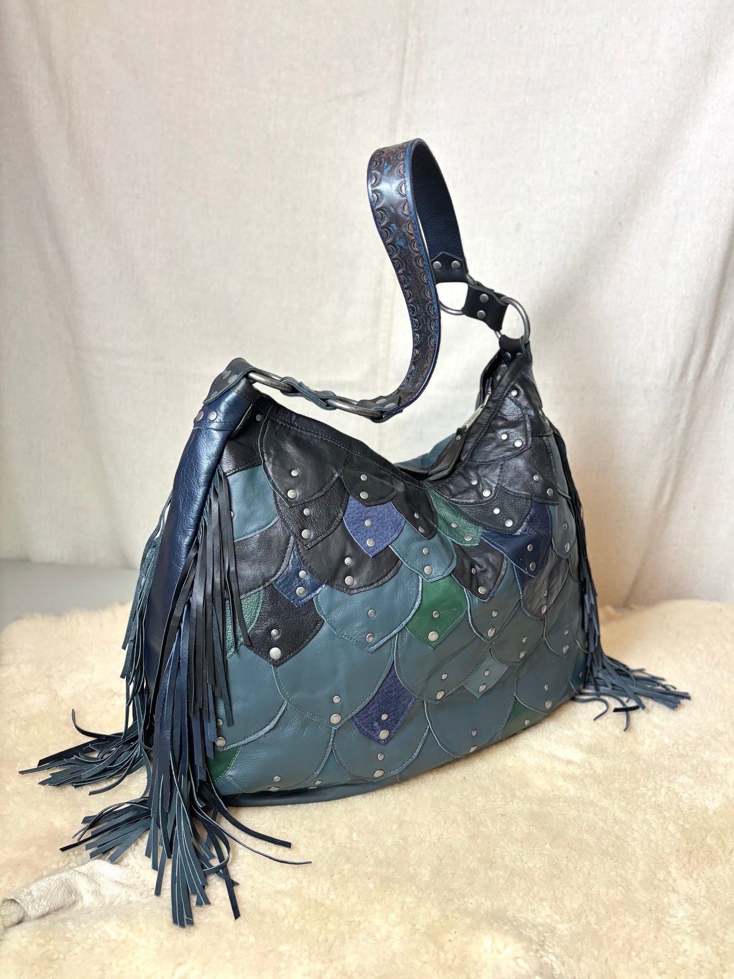 Steel Blue Reclaimed Leather Fish Scale Bag