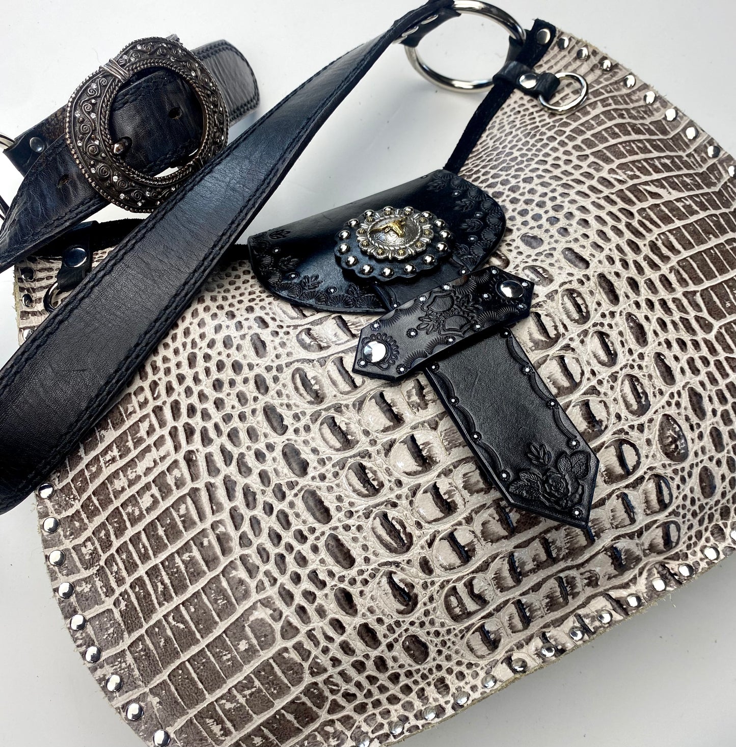 Taupe Croc Print Shoulder Bag with Western Concho