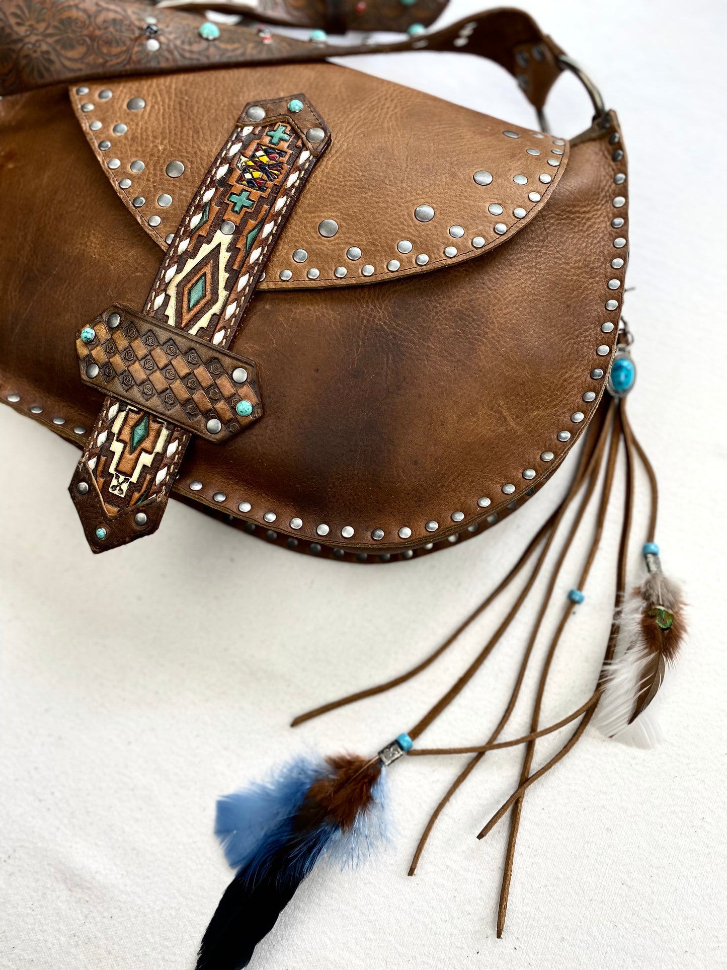 Rustic Saddle Brown Shoulder Bag with Removable Feather Tassels