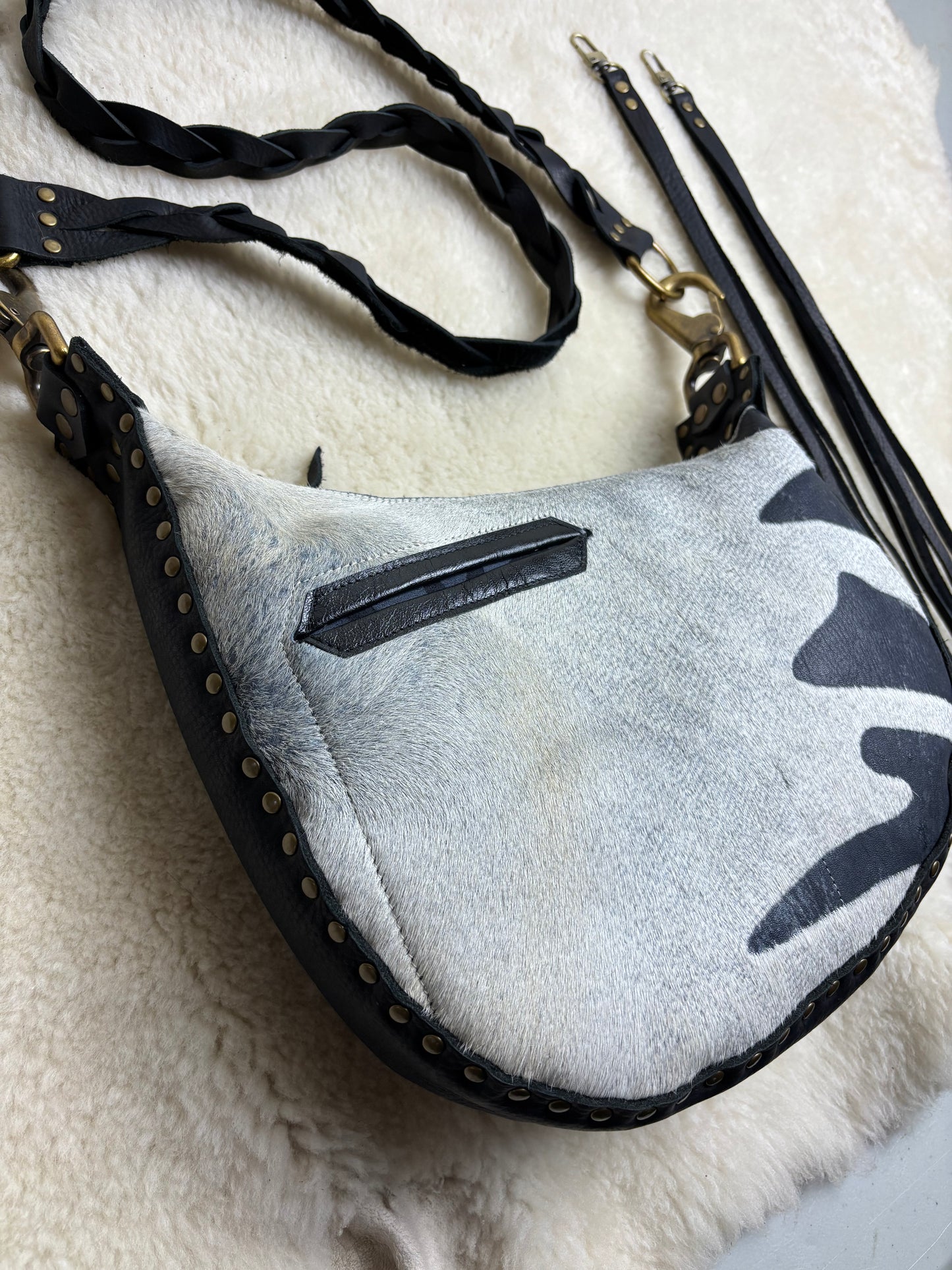 Zebra Crescent Bag with Brass