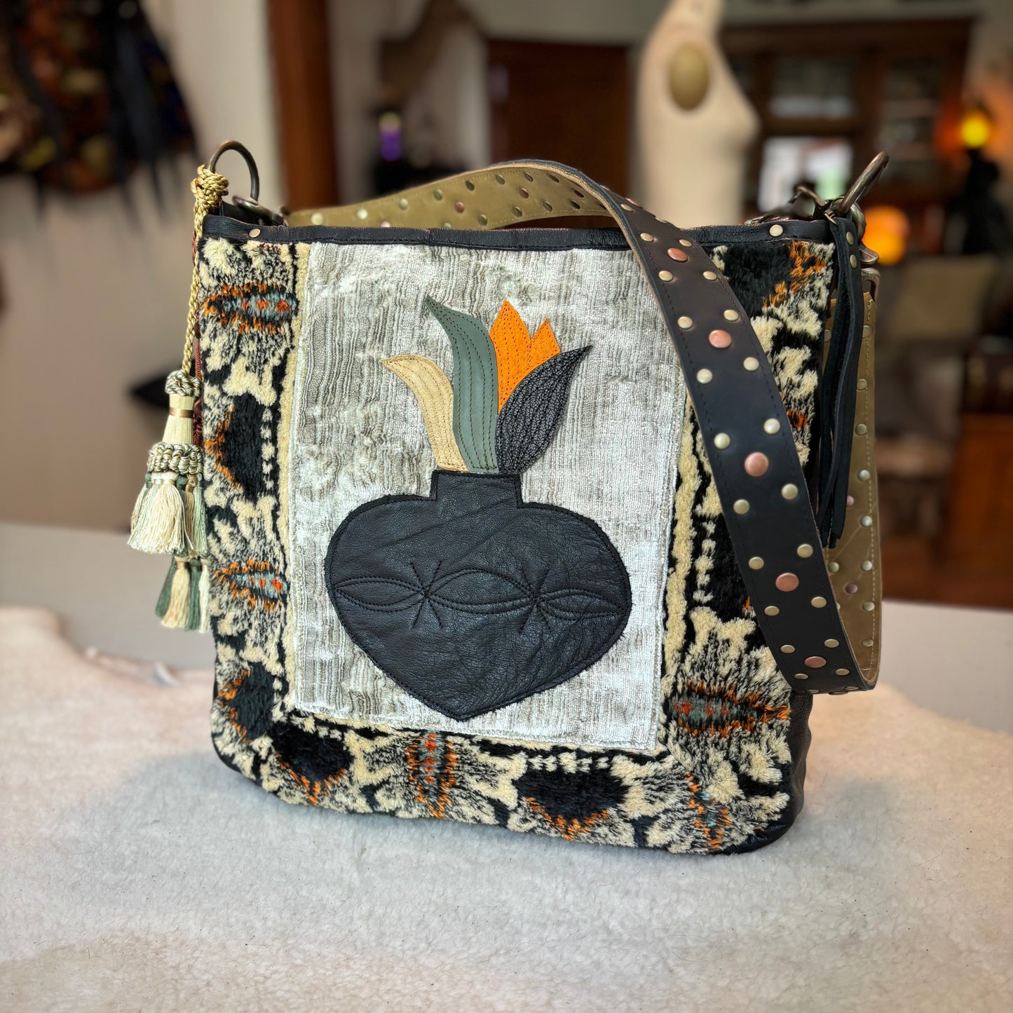 Vintage Velvet and Leather Bag with Sacred Heart