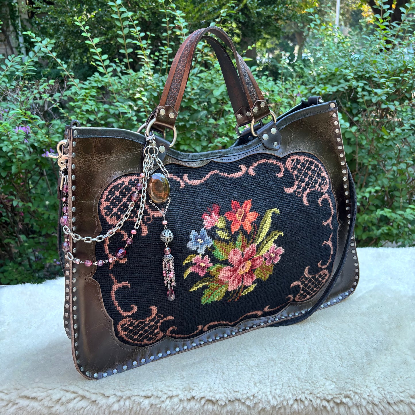 Floral Needlepoint Sable Leather Heirloom Bag