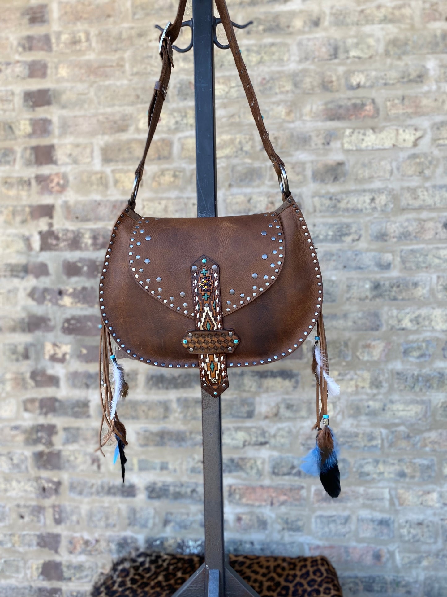 Rustic Saddle Brown Shoulder Bag with Removable Feather Tassels