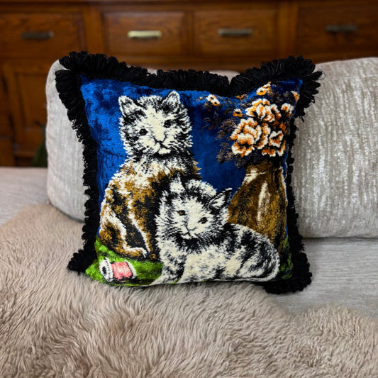 Vintage Velvet Blue Kitten Pillow