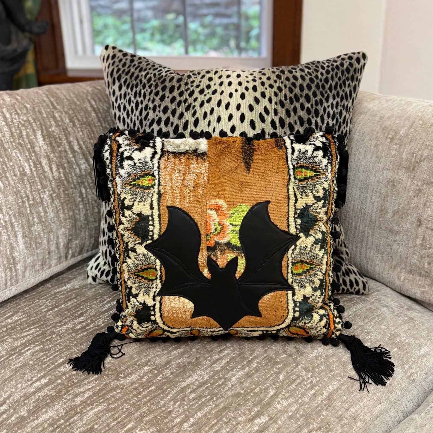 Vintage Velvet Tapestry Pillow with Leather Bat
