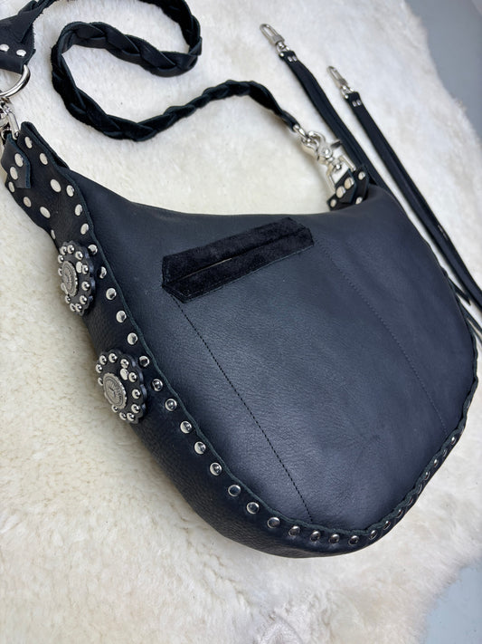 Black Crescent Zip Bag with Conchos