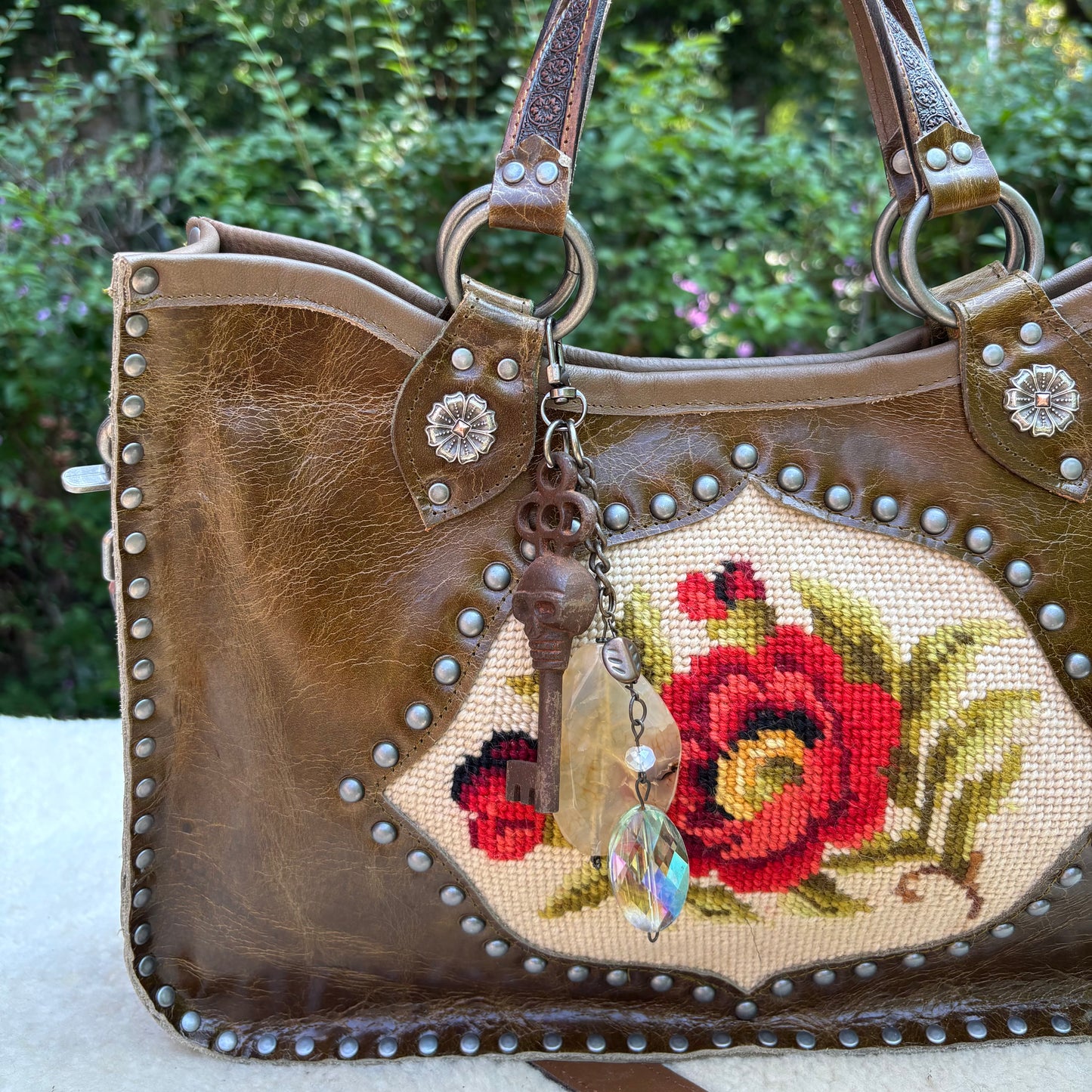 Needlepoint Poppy Heirloom Bag in Dark Olive