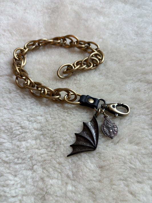 Antiqued Brass Toned Wallet Chain with Bat Wing