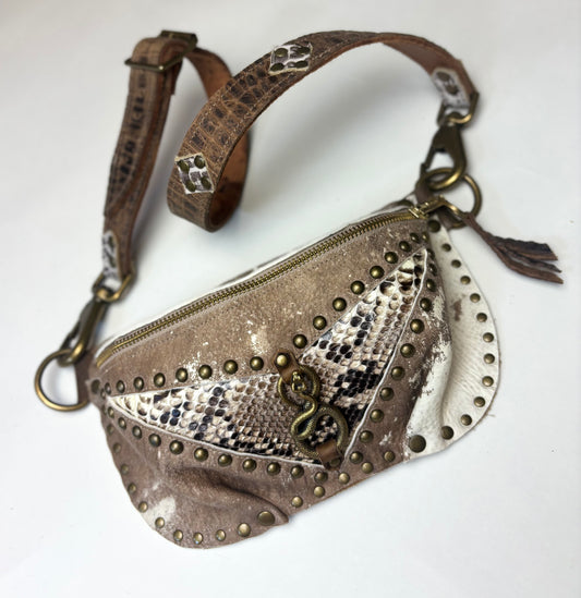 Distressed Tan and Ivory Python Fanny Pack