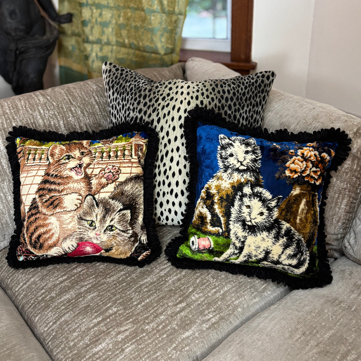 Vintage Velvet Blue Kitten Pillow