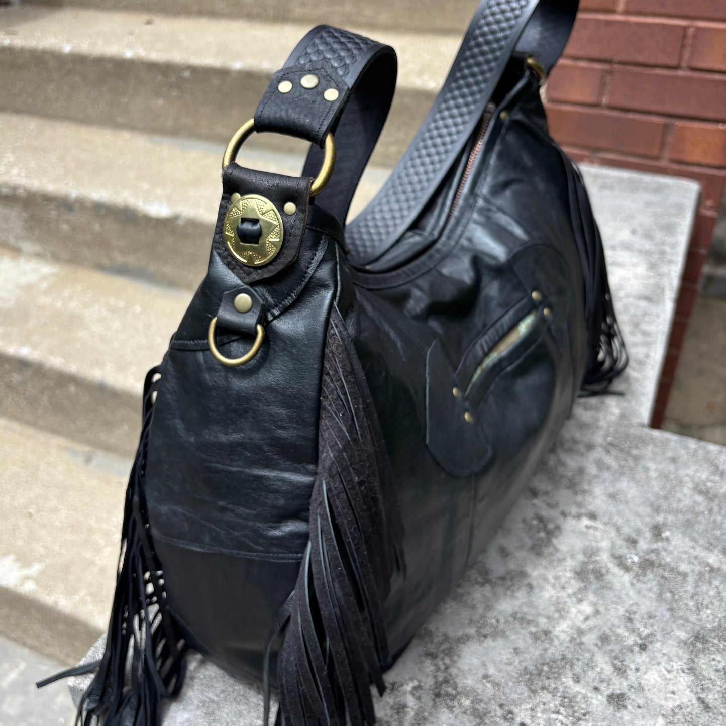 Reclaimed Leather Fishscale Ziptop Bag