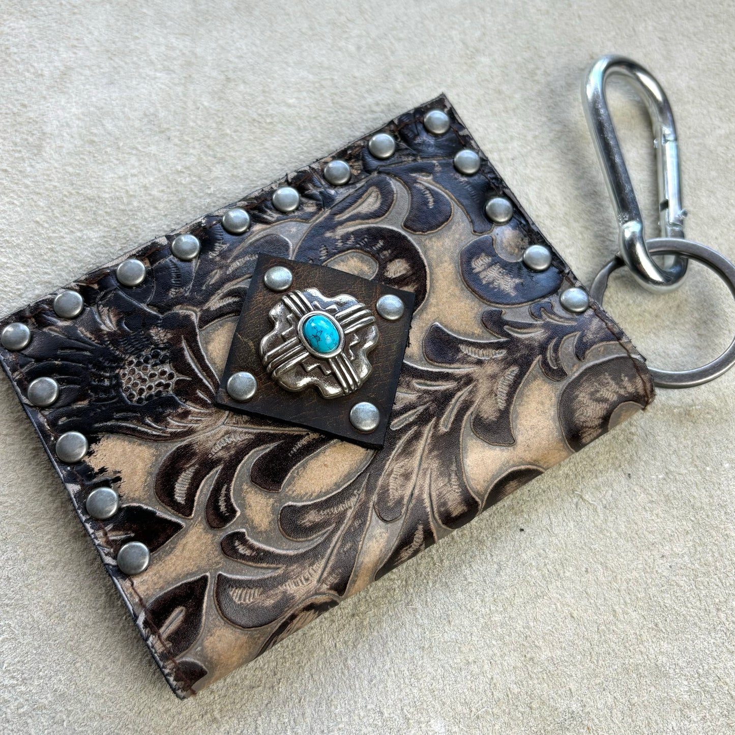 Tan Filigree Embossed Leather Wallet with Turquoise Concho