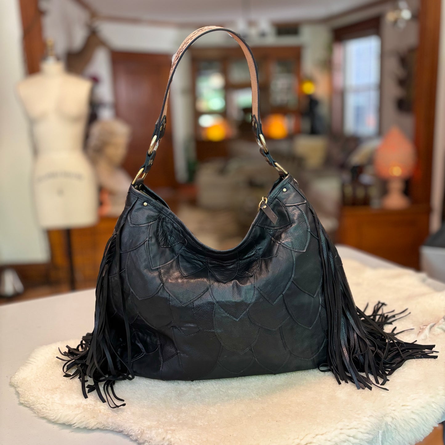 Fish Scale Reclaimed Leather Fringed Bag