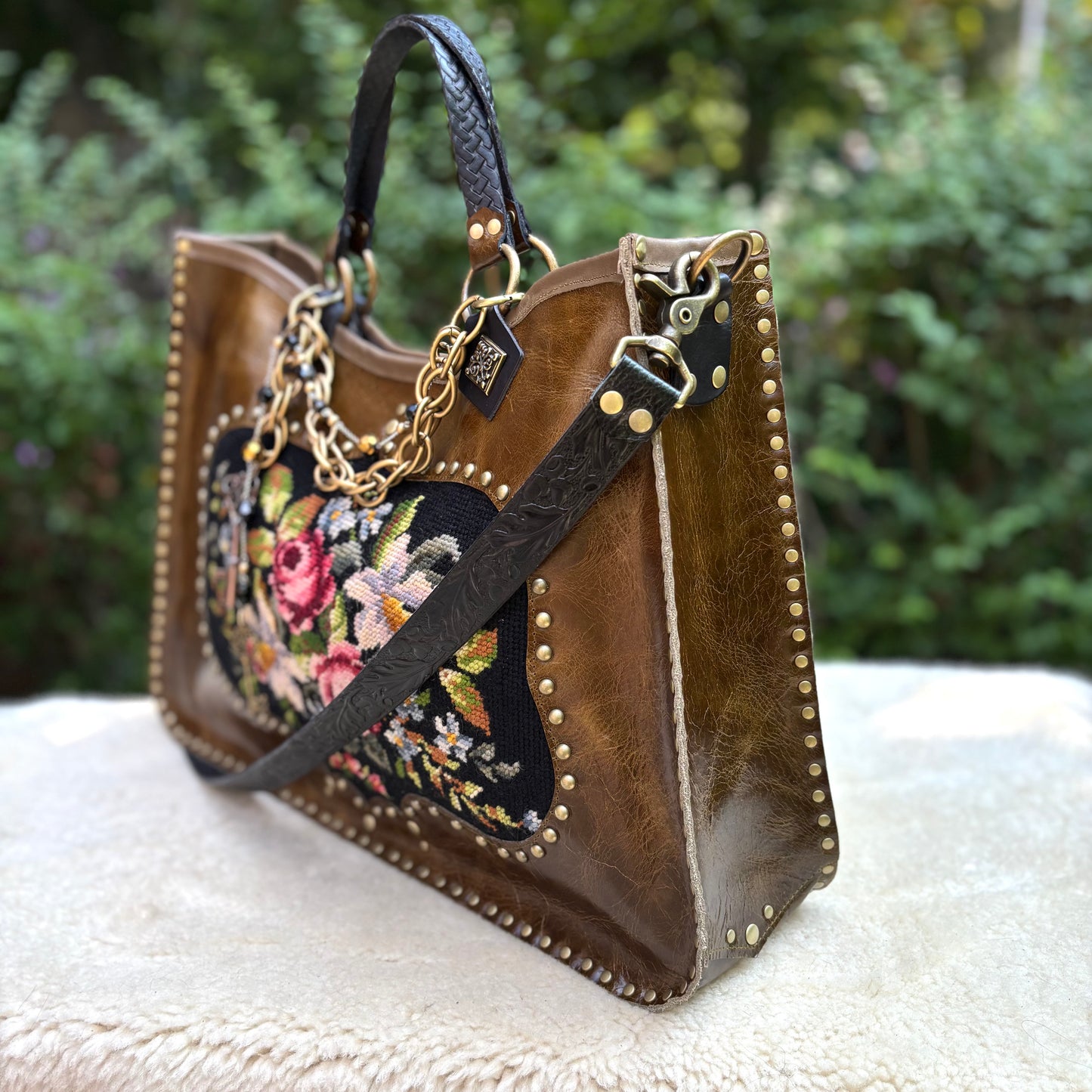 Olive Leather Bouquet Needlepoint Heirloom Bag