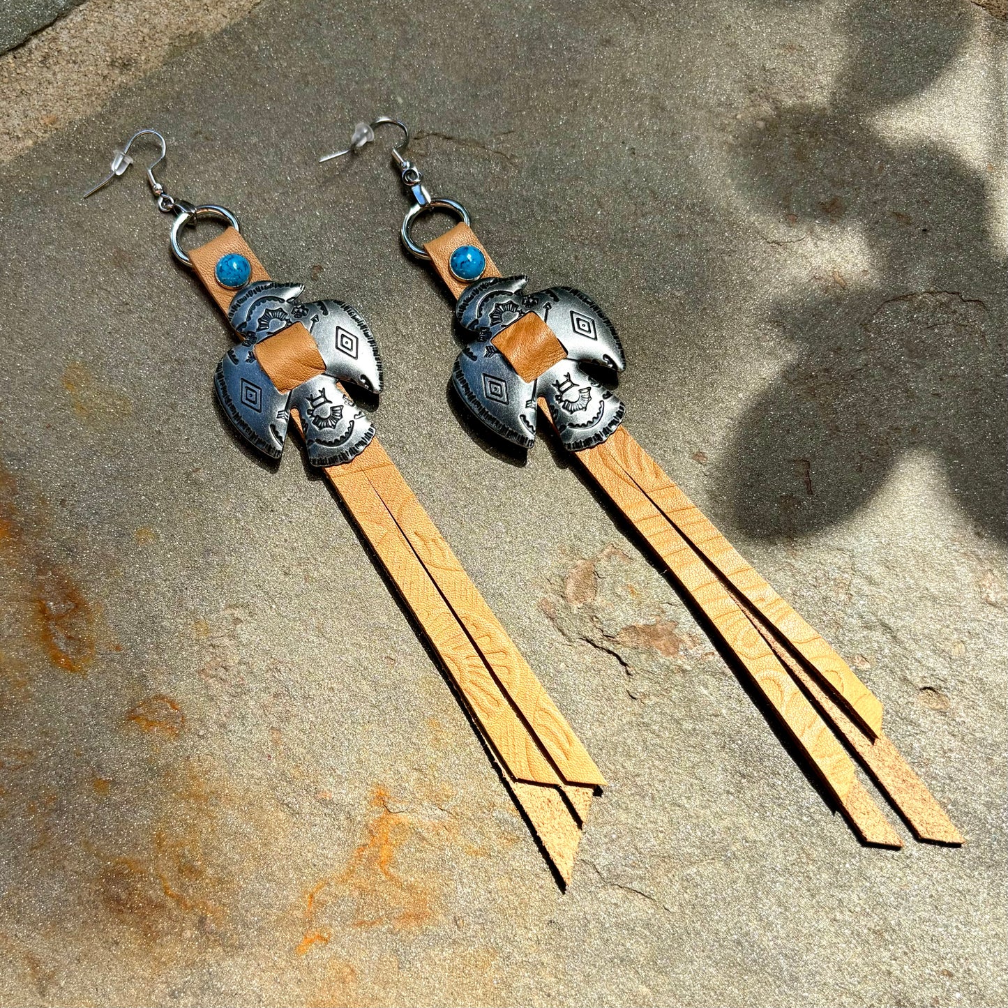 Tan Thunderbird Earrings with Turquoise